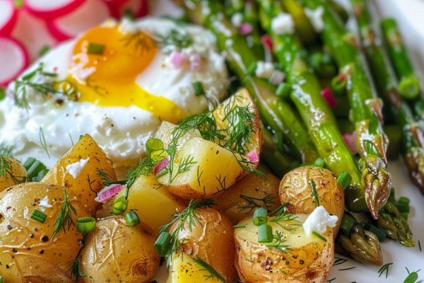 Przepis na majowy obiad z sezonowych składników: młode ziemniaki z koperkiem, szparagi z jajkiem w koszulce i sałatka z rzodkiewki i szczypiorku.