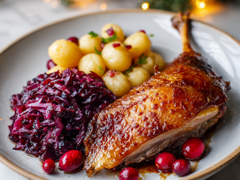 CHRUPIĄCE GĘSIE UDKA + DUSZONA CZERWONA KAPUSTA + GNOCCHI W SOSIE ŻURAWINOWYM