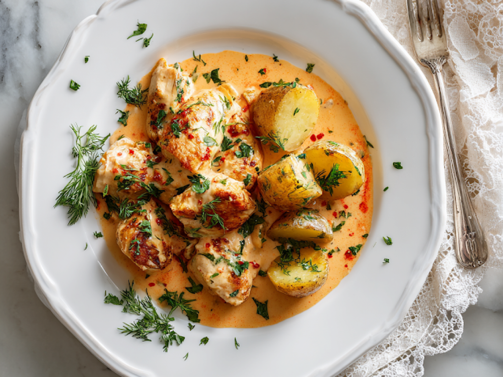 Kurczak w sosie z pieczonej papryki i mascarpone z pieczonymi ziemniakami i surówką z młodej kapusty