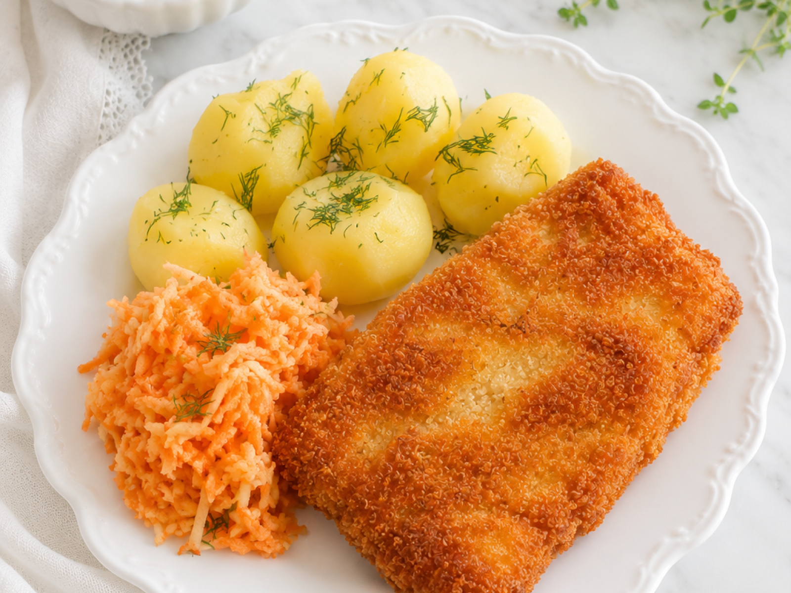 Mrożone kostki rybne w chrupiącej panierce z ziemniakami i surówką
