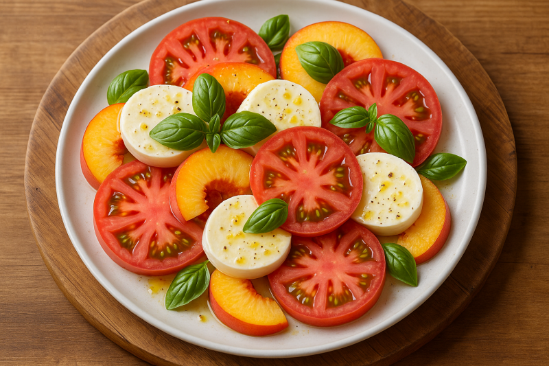 Pomidory malinowe z mozzarellą i brzoskwinią – letni twist