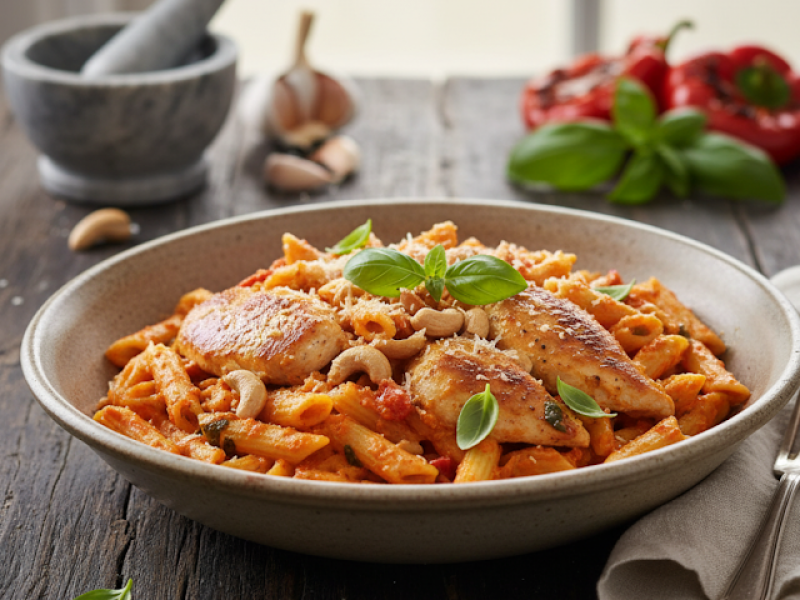Makaron z kurczakiem i pesto paprykowym – szybki obiad pełen smaku!