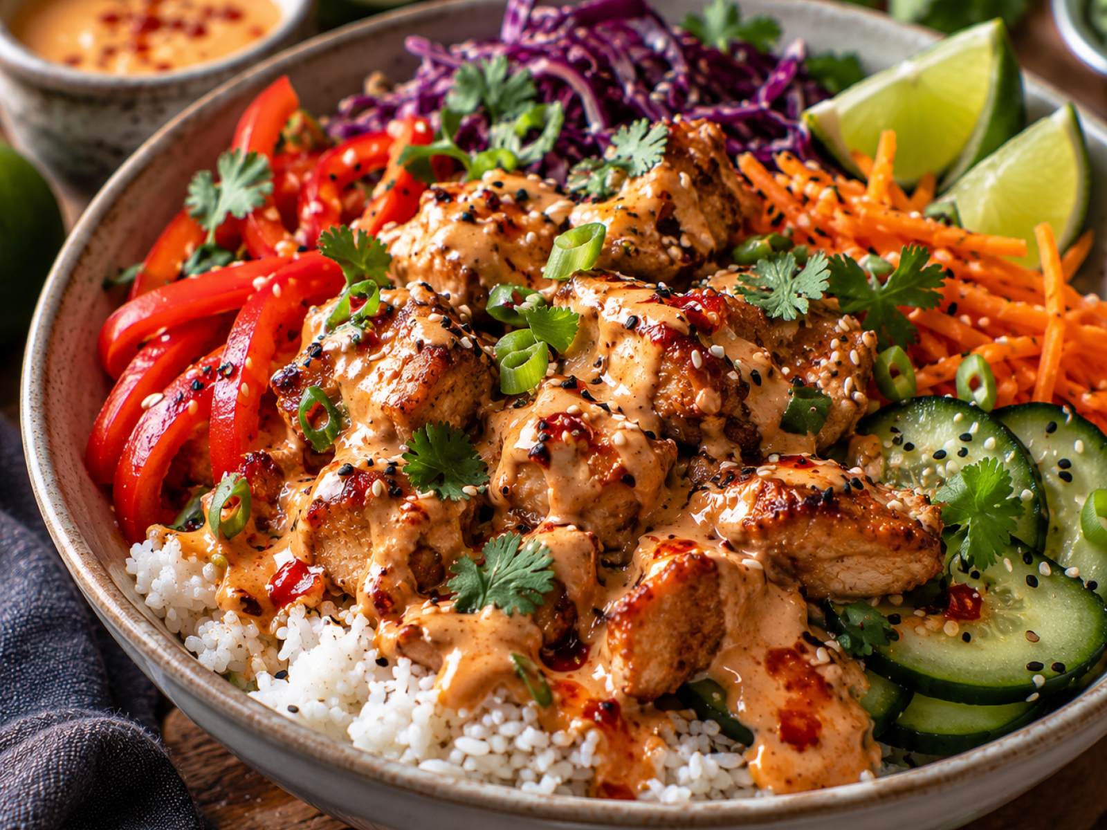 Fit Bang Bang Chicken Rice Bowl – kremowy, pikantny i wysokobiałkowy