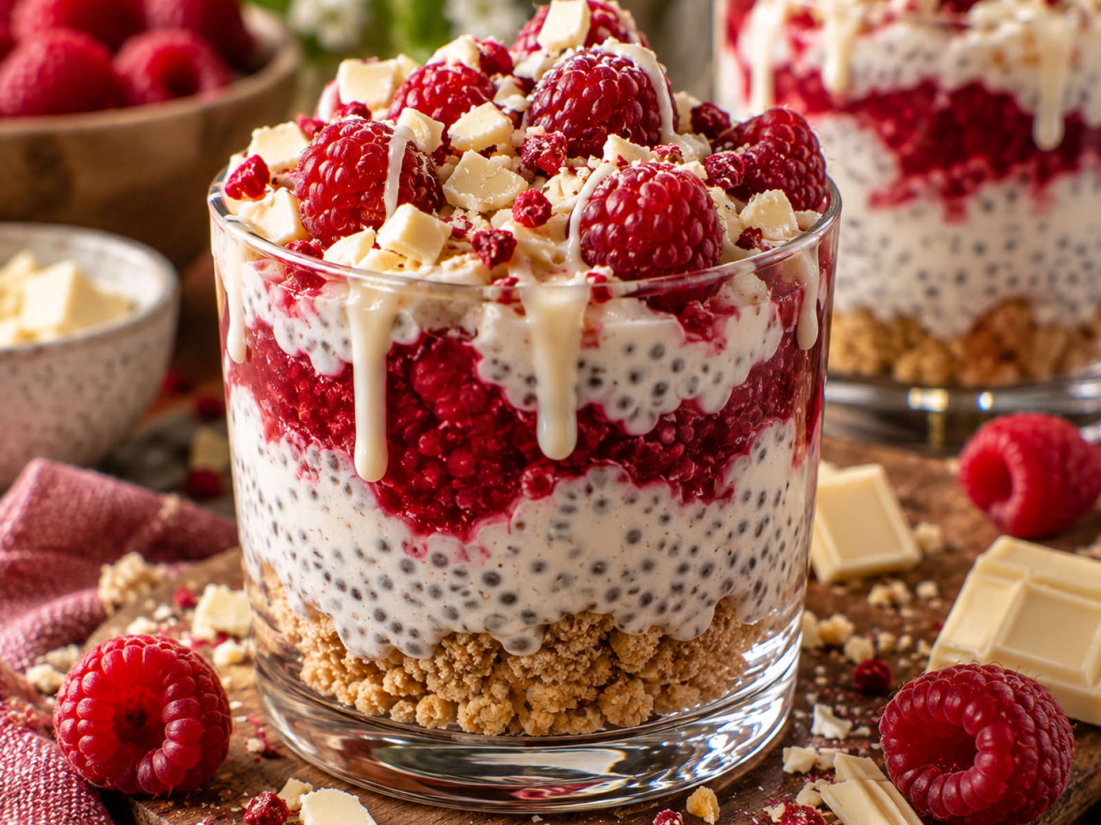 Fit Raspberry White Chocolate Chia Cups – proteinowy deser z malinami