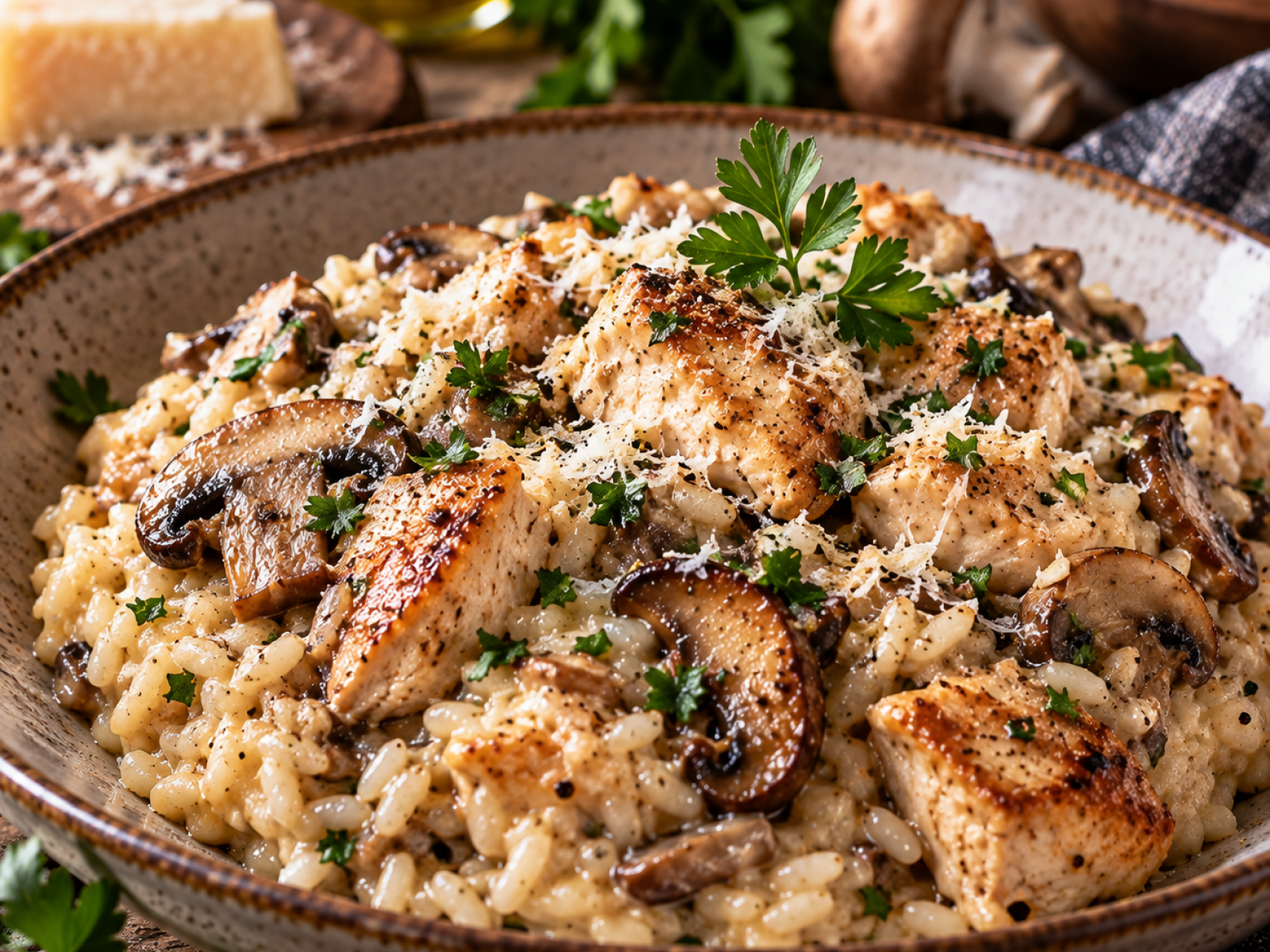 Proteinowe risotto z kurczakiem i pieczarkami – kremowy fit obiad
