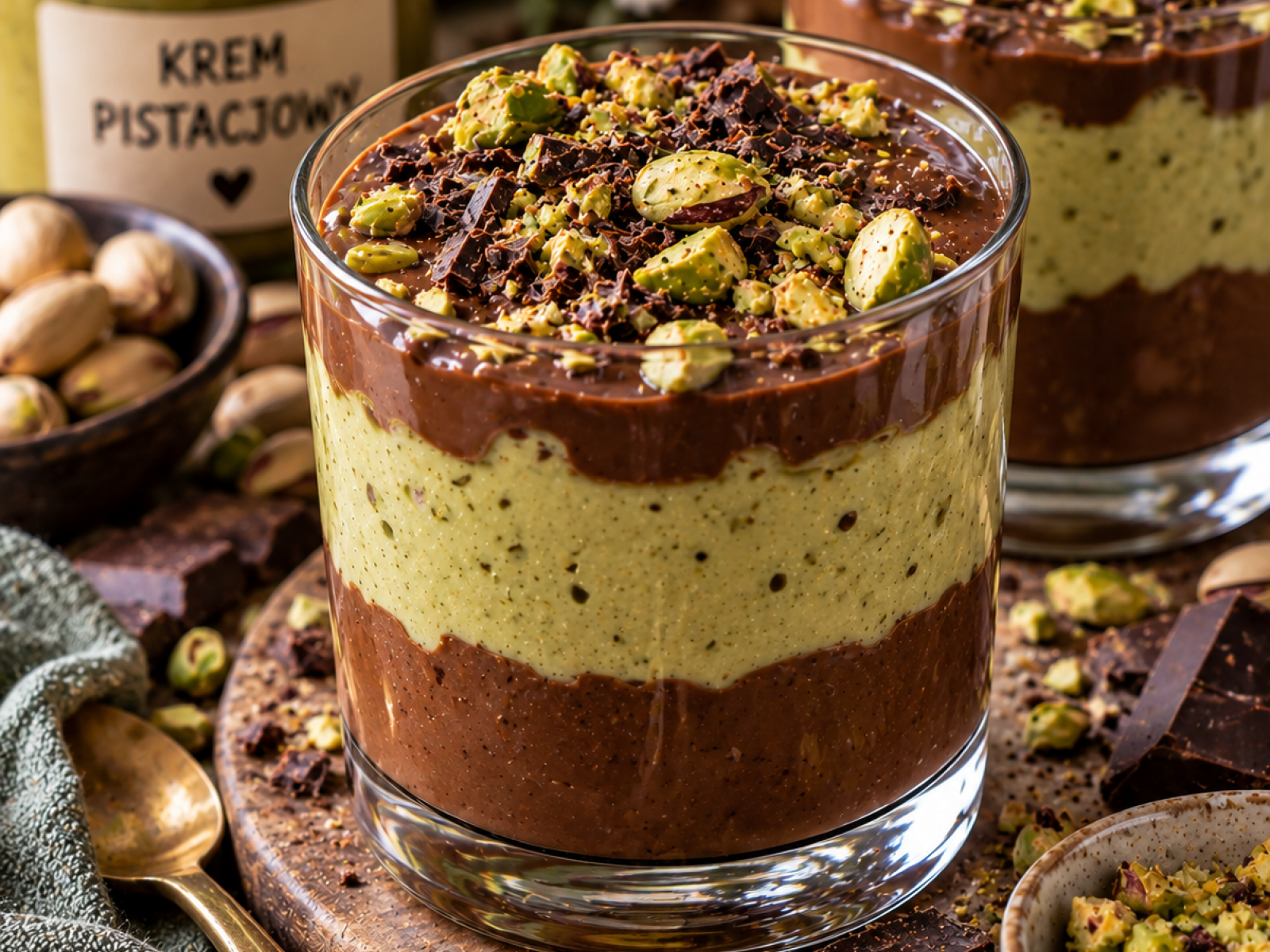 Proteinowy pudding pistacjowo-czekoladowy – fit deser bez pieczenia