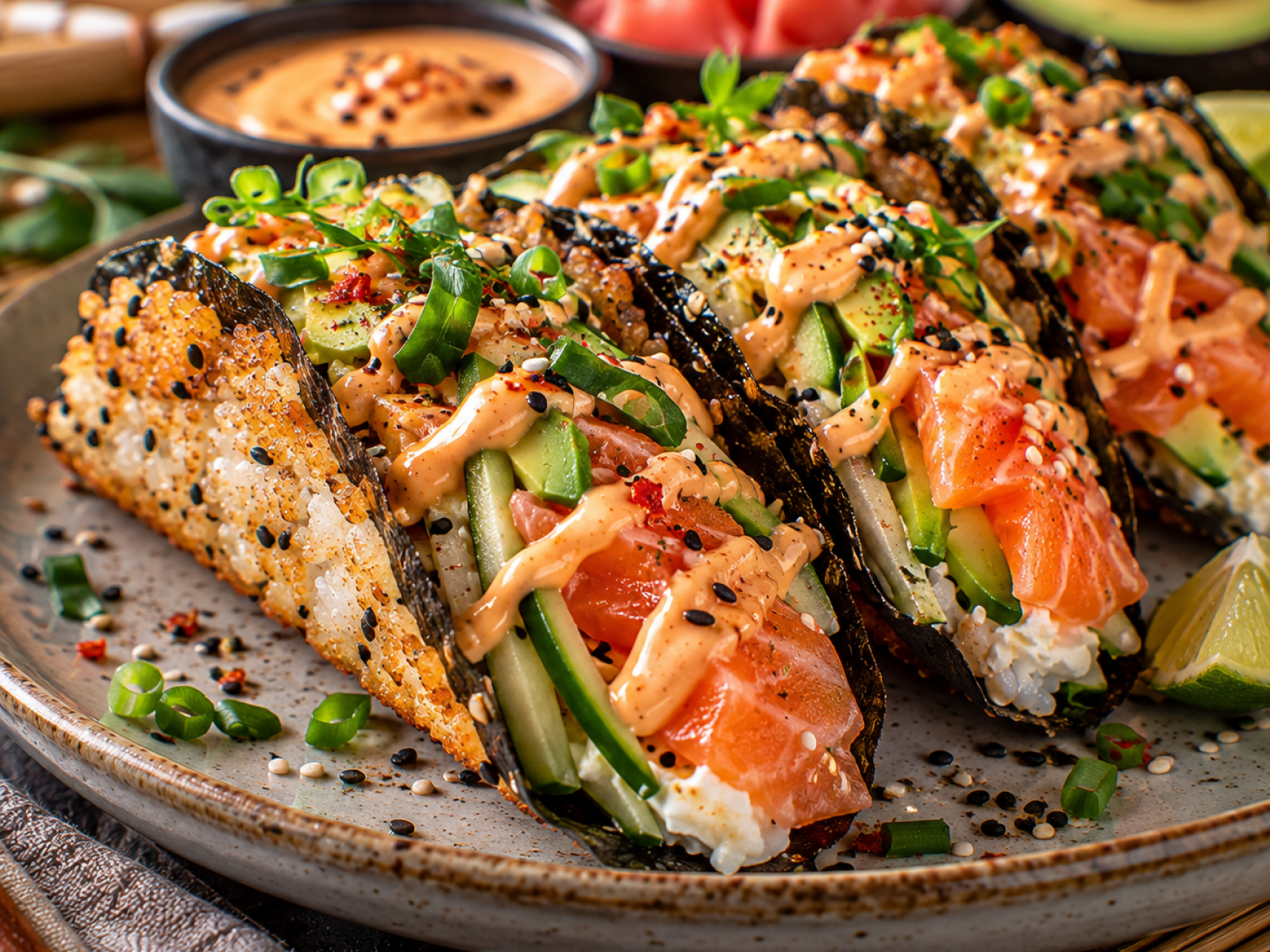 Chrupiące Sushi Tacos – przepis z łososiem, awokado i spicy mayo