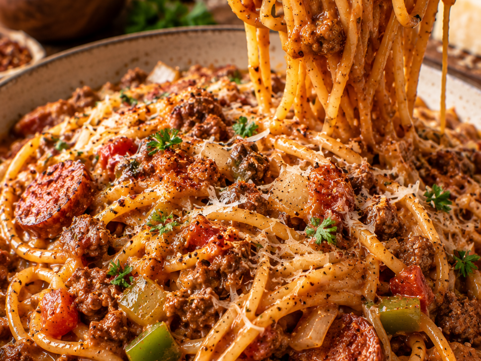 Dirty Spaghetti – pikantny makaron Cajun z mięsem