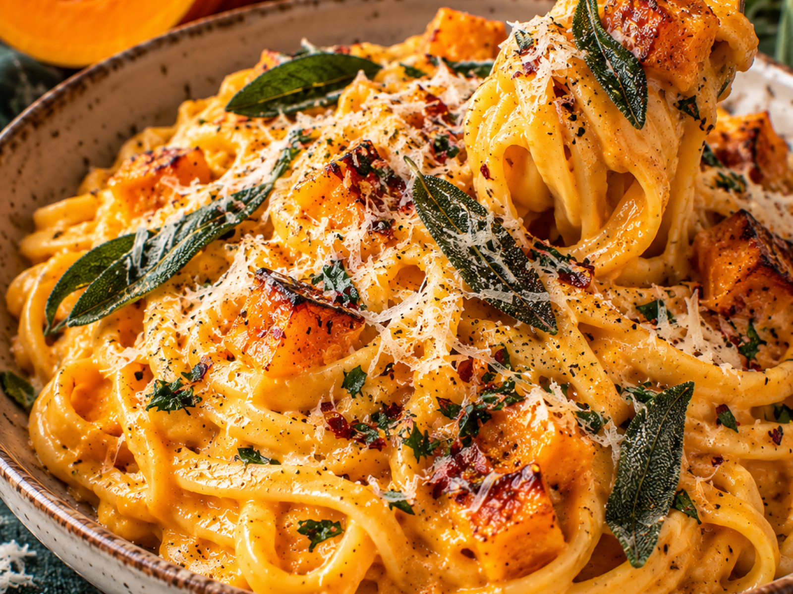 Kremowy makaron z dynią, czosnkiem i parmezanem – przepis