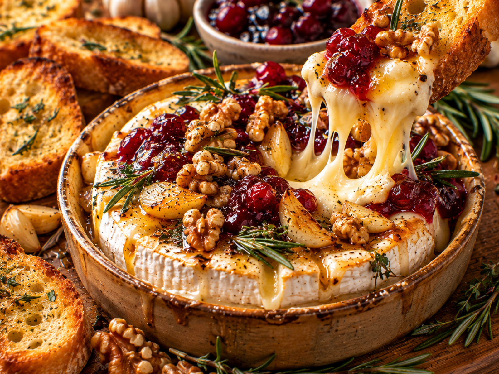 Pieczony camembert z czosnkiem, rozmarynem i żurawiną