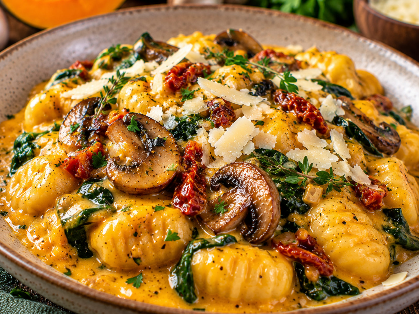 Gnocchi w sosie dyniowym z pieczarkami – przepis