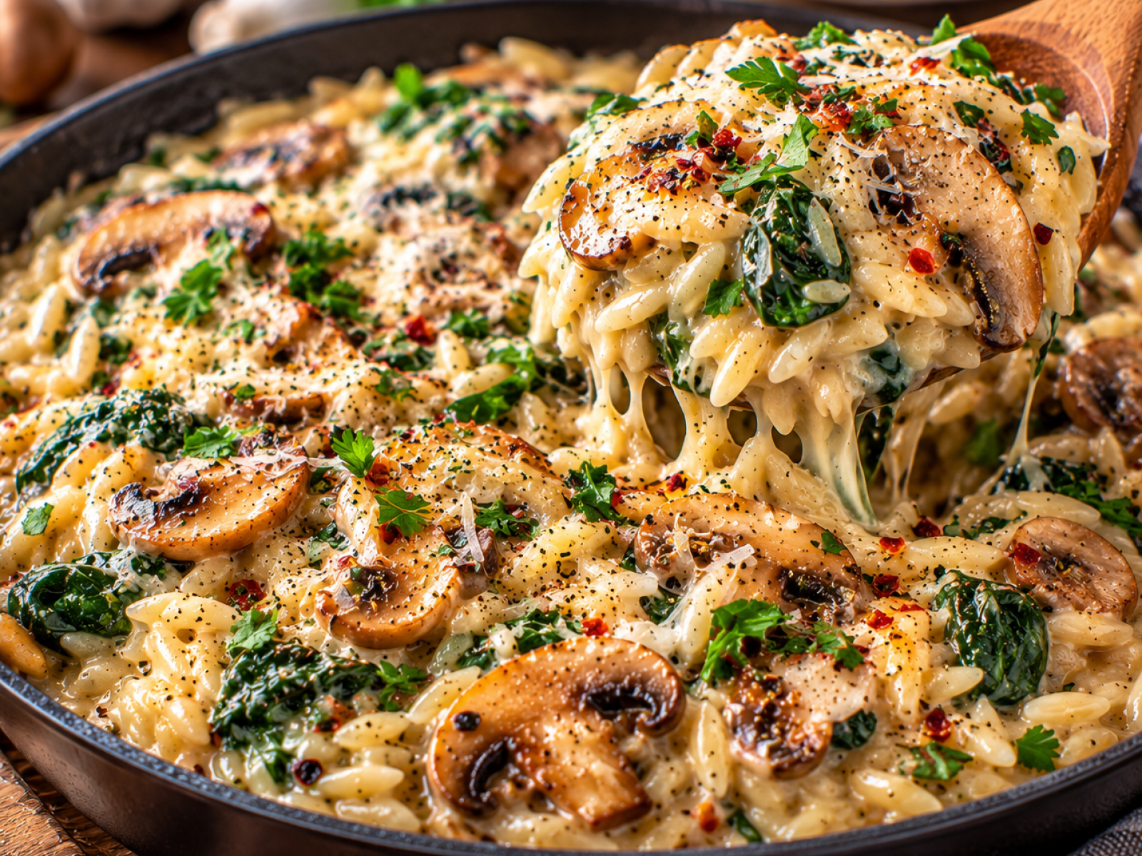 Orzo z pieczarkami – kremowy fit obiad z jednej patelni