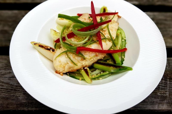 Seared hake with chilli, cucumber, spring onion 