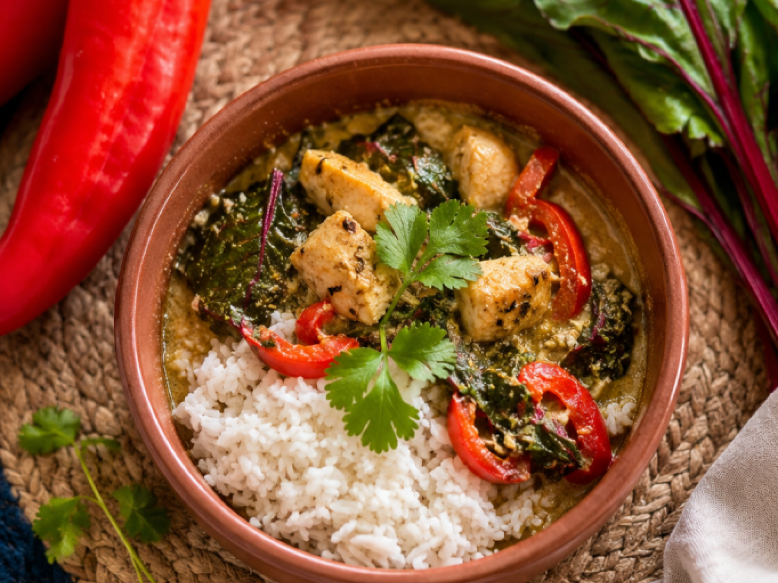 Curry z kurczakiem, papryką, fasolką szparagową i młodymi liśćmi buraków.