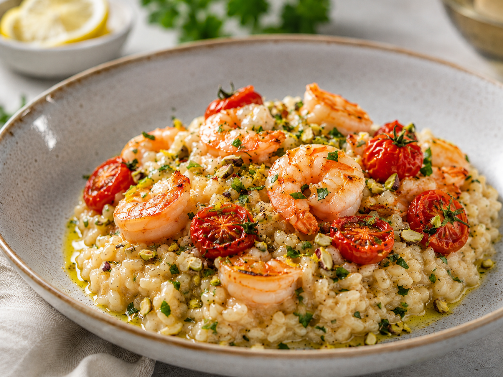 Kremowe risotto z krewetkami i pieczonymi pomidorkami