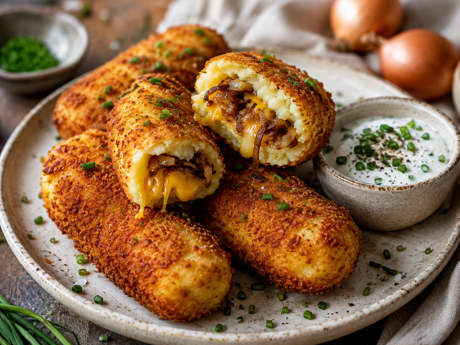 Krokiety ziemniaczane z cheddarem i karmelizowaną cebulą