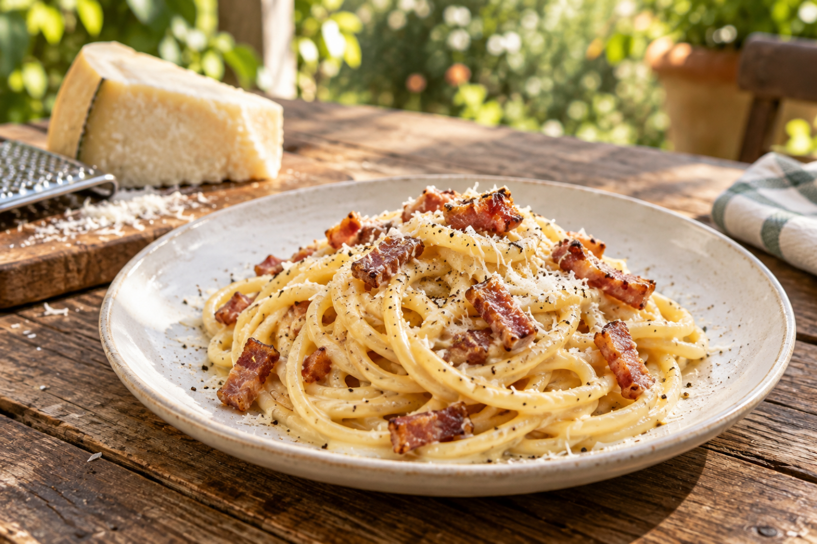 Spaghetti z pecorino i chrupiącym boczkiem – kremowy makaron w 25 minut