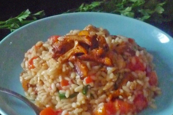 Risotto z kurkami i pomidorem. Risotto with chanterelle mushrooms and tomato.