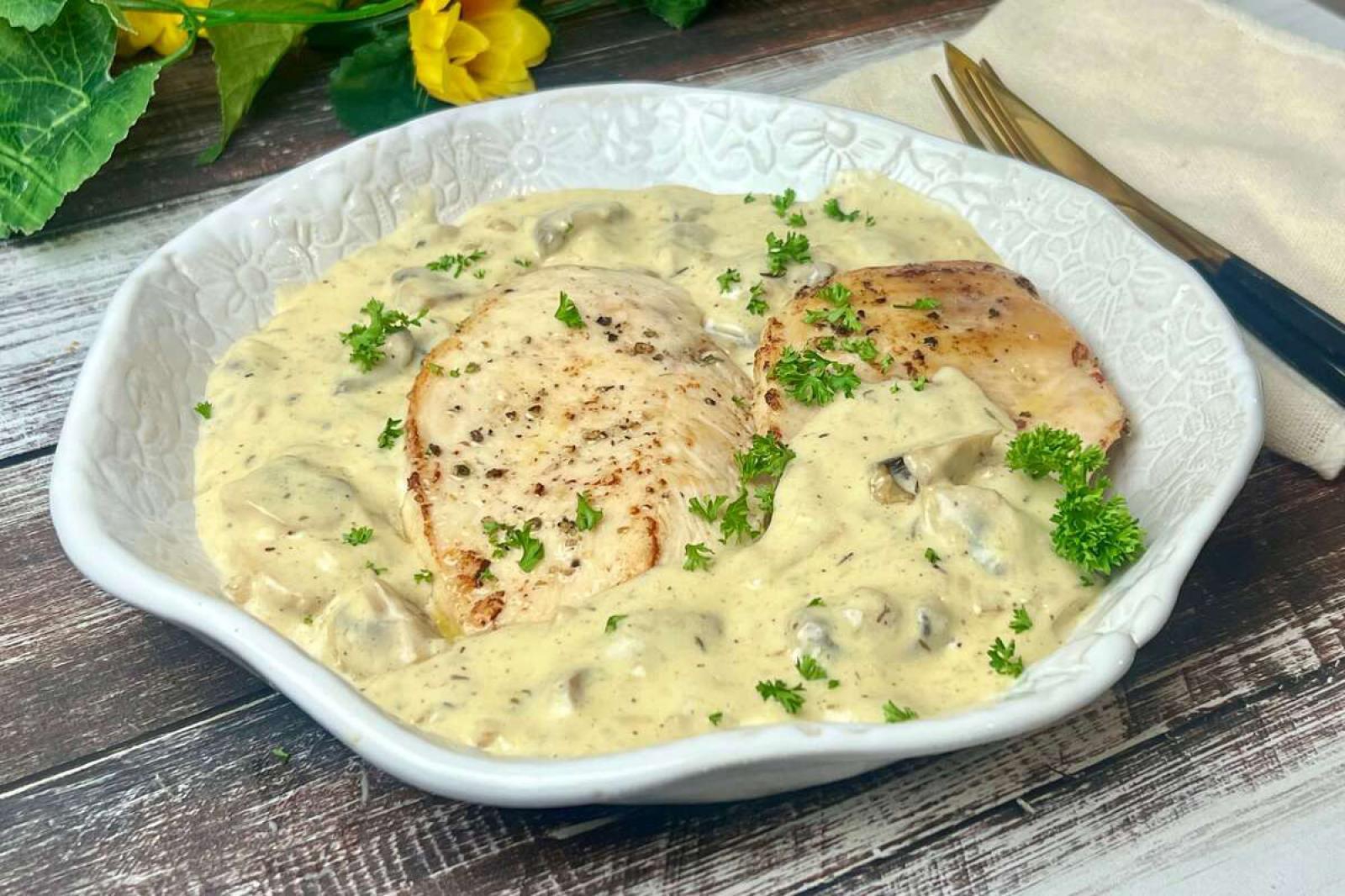 Pierś z kurczaka w sosie pieczarkowym z białym winem