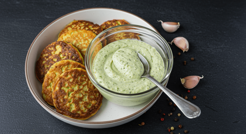 Sos do placków z cukinii, który totalnie odmieni ich smak – czosnkowo-ziołowa petarda