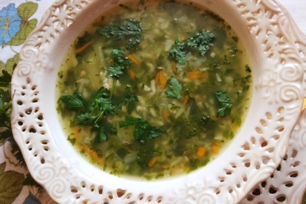 Zupa z warzyw korzeniowych z ryżem,  pokolorowana szpinakiem