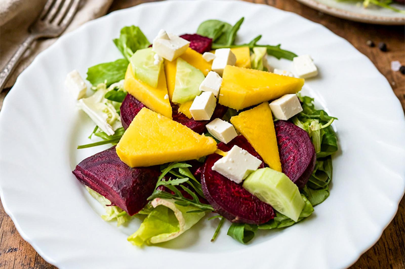 Sałatka z pieczonym burakiem, mango i serem sałatkowym