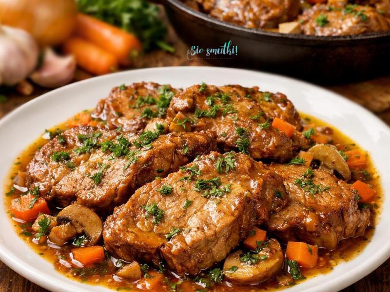 Szynka duszona z marchewką i pieczarkami