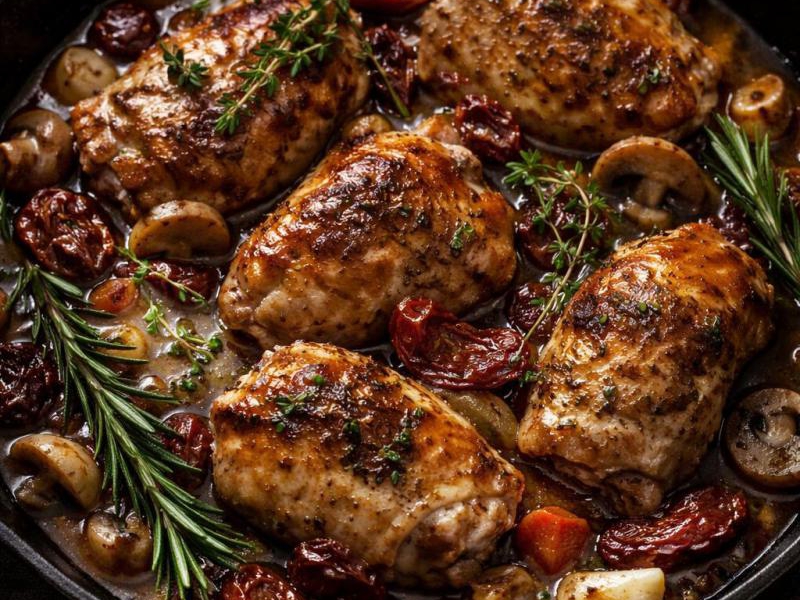 Kurczak duszony z pieczarkami i suszonymi pomidorami