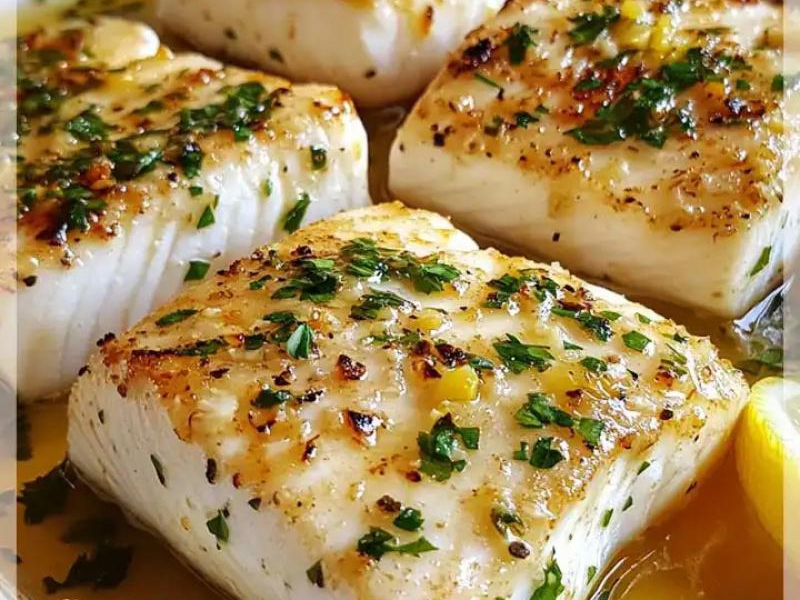 Pieczony Halibut z Masłem Czosnkowym to pyszne danie