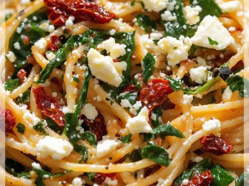 Spaghetti z suszonymi pomidorami, szpinakiem i serem feta to pyszne danie