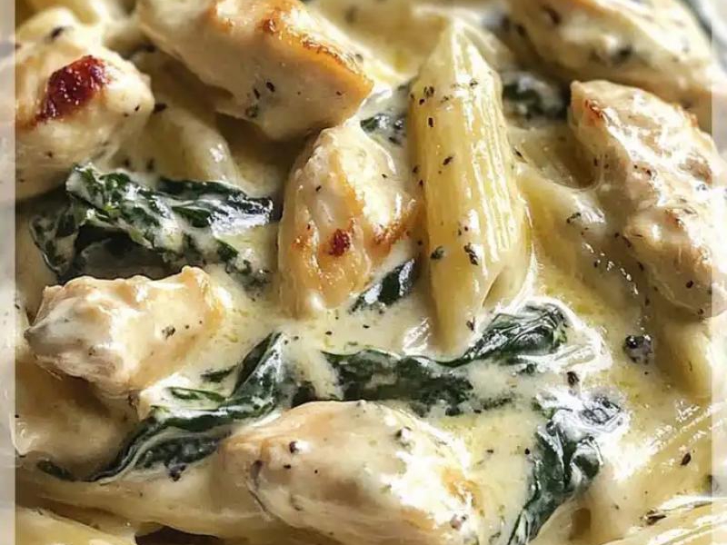 Penne z Kurczakiem Szpinakiem i Sosem Gorgonzola to pyszne danie