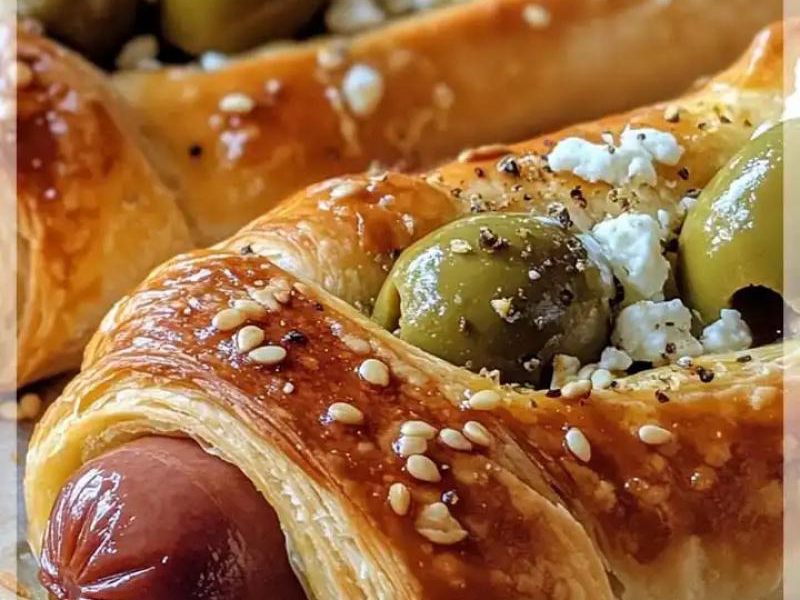 Pieczone Hot Dogi z Oliwkami i Serem Feta to pyszne danie