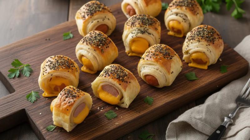 Roladki z Ciasta Francuskiego z kiełbasą z Dodatkiem Musztardy i Sera Cheddar