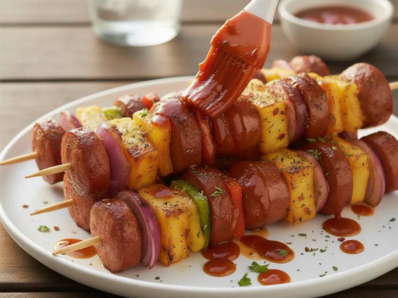Szaszłyki z Kiełbasą, Ananasem i Czerwoną Cebulą