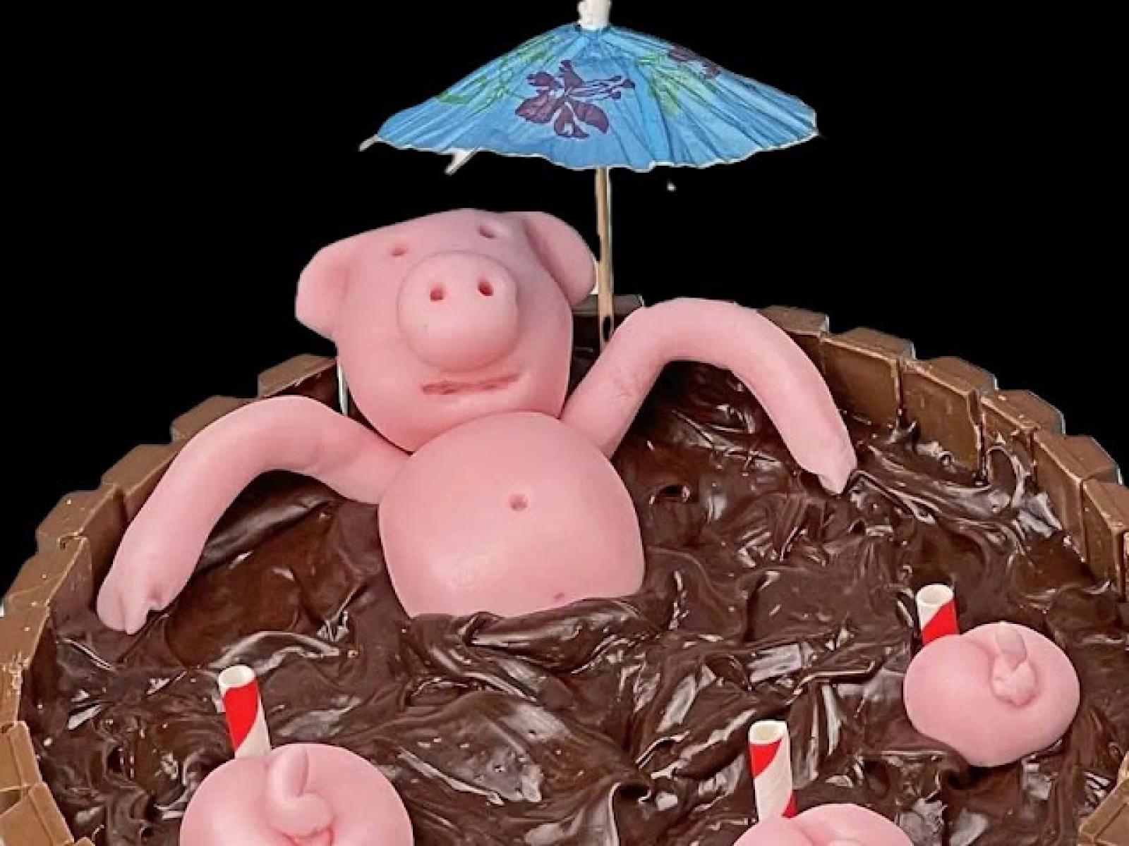 Tort czekoladowy „Świnki w błocie” – zabawny -pełen -czekolady