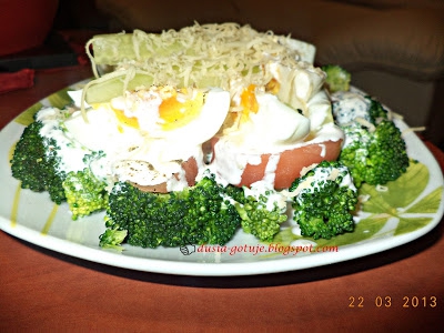 Sałatka brokułowa z pomidorem i jajkiem polana sosem czosnkowym :)