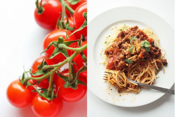 Spaghetti z pomidorkami cherry, wołowiną i słodką marchewką.