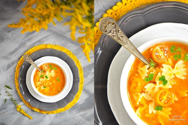 Zupa z soczewicą, świeżymi pomidorami, imbirem i makaronem