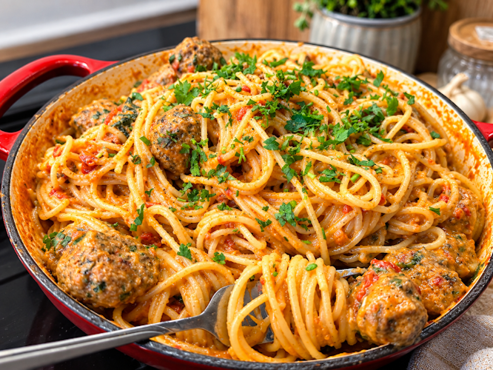 Makaron z pulpetami, pomidorami, puree z dyni i szpinakiem