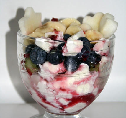 Domowy mrożony jogurt z owocami i sosem malinowym