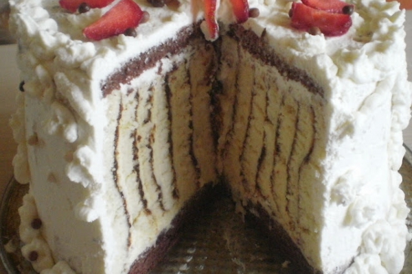 wyjątkowy tort inny niż wszystkie, prążkowany poprzecznie, zwijany.