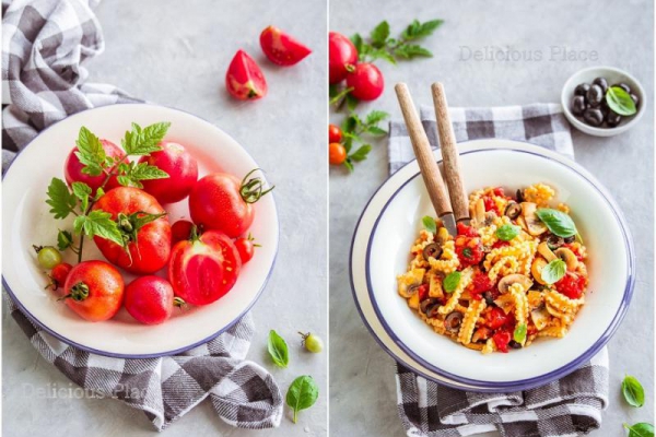 Makaron z pomidorami i pieczarkami / Pasta with tomatoes and mushrooms