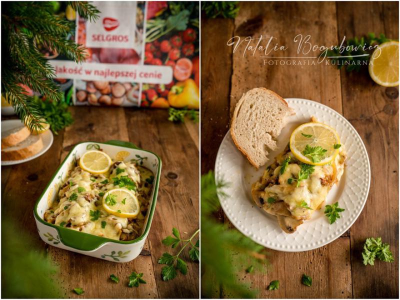 Karp zapiekany z pieczarkami